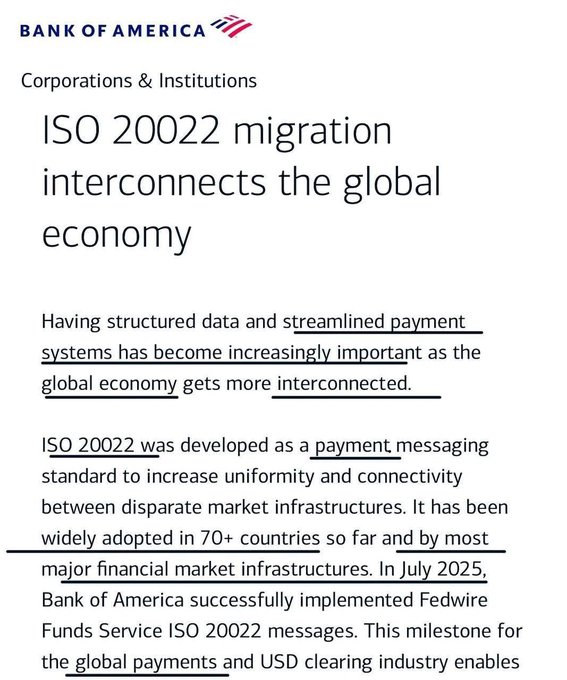 **Caption:** Bank of America announces that ISO 20022 migration interconnects the global economy, noting the standard has been adopted in 70+ countries, with BofA implementing Fedwire Funds Service ISO 20022 messages in July 2025 to enable global payments and USD clearing.

**Relation to post:** The image supports the poster's argument by directly linking ISO 20022 to "payments" infrastructure—not just messaging—as Bank of America's corporate communications explicitly frame the standard as a payment messaging system that enables global payments and USD clearing.