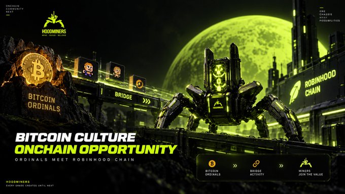 A futuristic graphic with the Hoodminers logo promotes 'BITCOIN CULTURE ONCHAIN OPPORTUNITY,' highlighting the connection between Bitcoin Ordinals, Bridge Activity, and the Robinhood Chain.