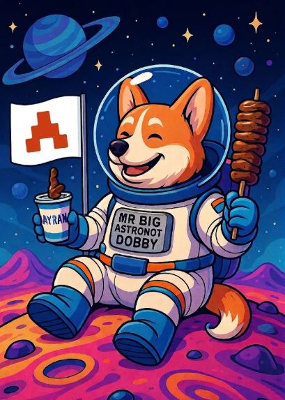 The image features a cartoon dog dressed as an astronaut, holding a cup of coffee while sitting on a planet or moon-like surface. The caption below the image reads "Hey DOBBY!! KEBAB IN SPACE? Dobby took the wheel today, and it' s clear what's happening: @TheARCTERMINAL isn' t just scaling by adding more processing power; it' s learning to think recursively, autonomously, and on the chain".