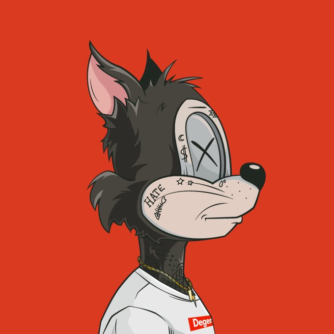 A digital illustration of a wolf-like cartoon character with an X-ed out eye, facial tattoos including the word 'HATE', and wearing a white shirt with a 'Degen' logo against a red background.