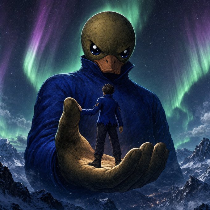 A fantasy digital artwork depicting a giant duck-like creature holding a small figure in its hand, set against a backdrop of mountains and northern lights (aurora borealis).