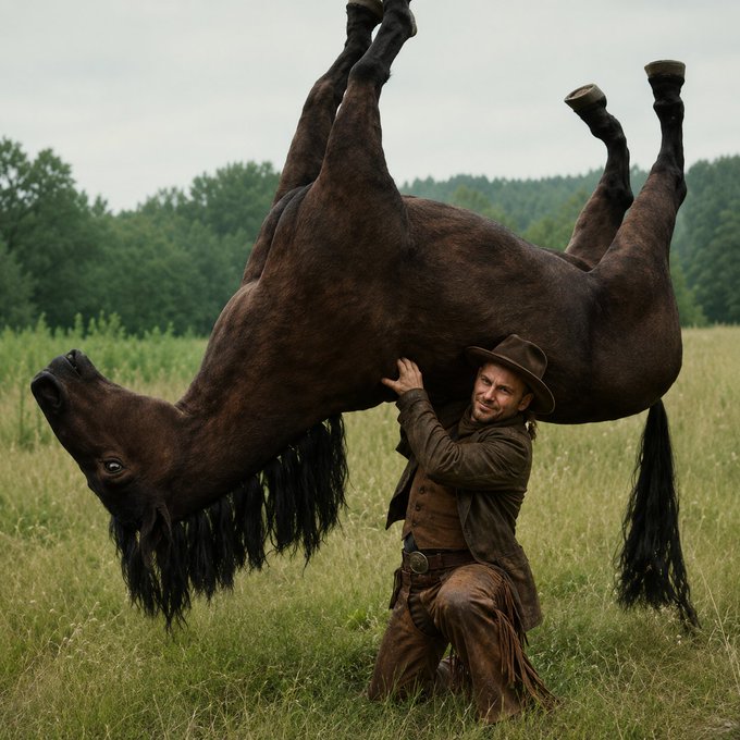 A man in a brown cowboy outfit lifts a dark brown horse upside down in a grassy field, with the horse's legs pointing skyward and its mane hanging down.