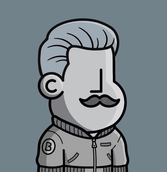 A minimalist cartoon illustration of a gray-haired man with a mustache wearing a gray zip-up jacket featuring a 'B' patch on the shoulder.