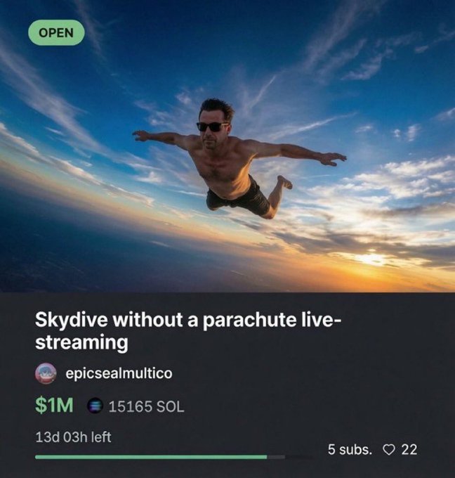 The image shows a man wearing sunglasses jumping out of an airplane with his arms spread wide while skydiving. The text in the image suggests that there might be a connection between this action and making money, possibly through a sponsored skydive or parachute jump advertisement.