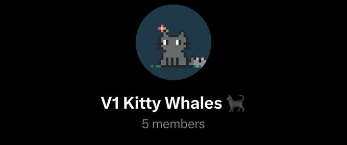 A circular avatar shows a pixel-art gray cat with a colorful flower above it, positioned above the group name "V1 Kitty Whales 🐈‍⬛" with "5 members" listed below. The image represents an exclusive group chat for holders of 10 or more V1 CryptoKitties, as referenced in the post inviting qualifying owners to DM @0xKenzoSan.