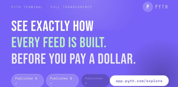 The image shows a purple background with white text that reads "see exactly how every feed is built. Before you pay a dollar." Below the main text, there are three options for data publishers labeled A, B, and C. The options allow users to see which feeds are built by each publisher and enable them to toggle individual data sources on or off.