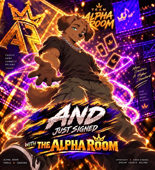 A promotional poster for 'THE ALPHA ROOM' featuring an anime-style anthropomorphic dog character, with text including 'AND JUST SIGNED WITH THE ALPHA ROOM' and 'CREATE GAME CONNECT BELONG'.