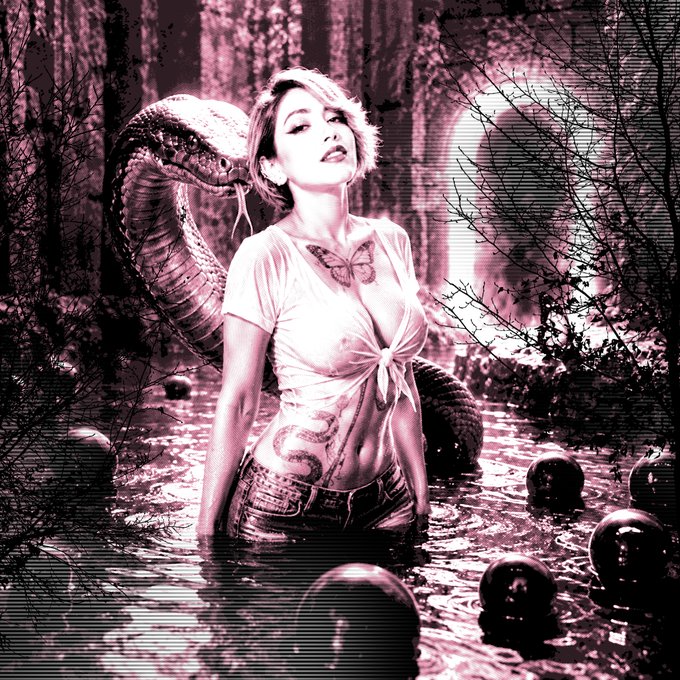 Stylized sepia-toned image edited with the Reddit r/NoSleep banner logo in the top right, depicting a woman in a tied shirt with a snake and butterfly in a dark forest setting.
