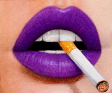 The image features a mouth with purple lips, and a cigarette placed inside of them. The cigarette appears to be lit up, indicating that it's actively being smoked by someone. This artistic depiction serves as a visual representation of smoking and can potentially evoke certain feelings or thoughts related to smoking habits and the dangers associated with tobacco use.