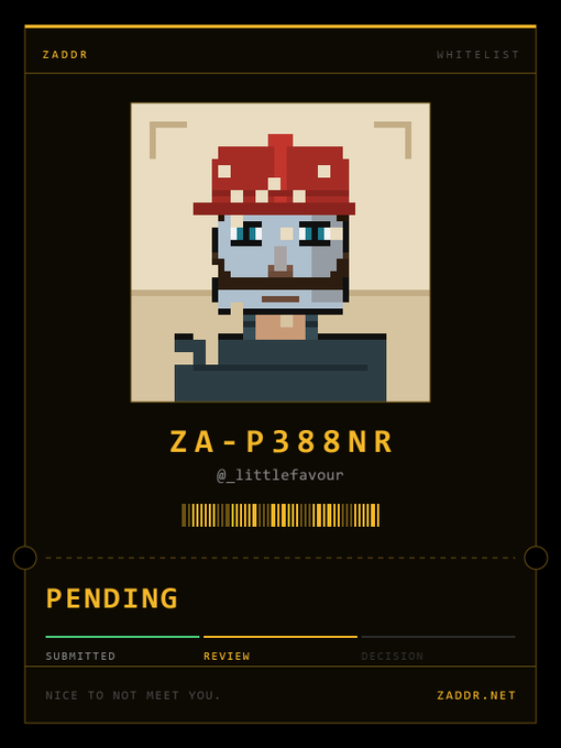 A digital whitelist card from ZADDR.NET featuring a pixel art character with a red cap and gray hair, labeled 'ZA-P388NR' by @_littlefavour, currently in PENDING status.