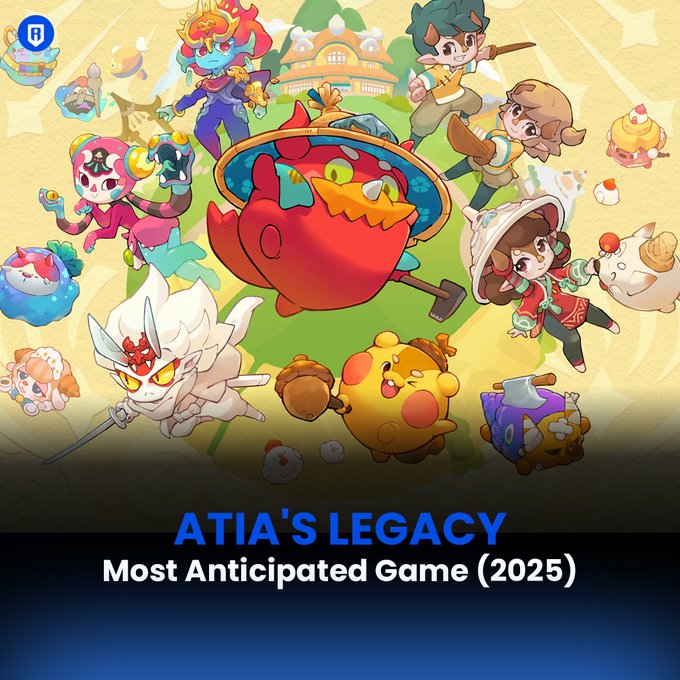 A vibrant promotional graphic showcasing a colorful cast of chibi-style characters and creatures surrounding a large red pot, with the text "ATIA'S LEGACY - Most Anticipated Game (2025)" displayed prominently at the bottom. The image celebrates Axie Infinity's new game Atia's Legacy winning the 2025 Most Anticipated Game award, as referenced in the accompanying post.