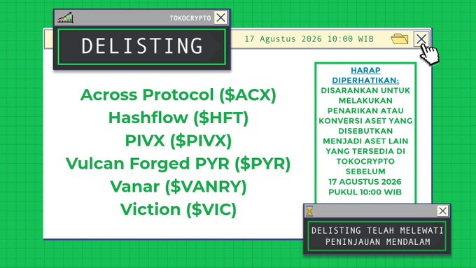 A retro-themed Tokocrypto announcement graphic with pixelated "DELISTING" header, listing six tokens being removed from trading—Across Protocol ($ACX), Hashflow ($HFT), PIVX ($PIVX), Vulcan Forged PYR ($PYR), Vanar ($VANRY), and Viction ($VIC)—effective August 17, 2026 at 10:00 WIB, with a side notice warning users to convert their assets before delisting and a tag indicating the delisting has passed review.