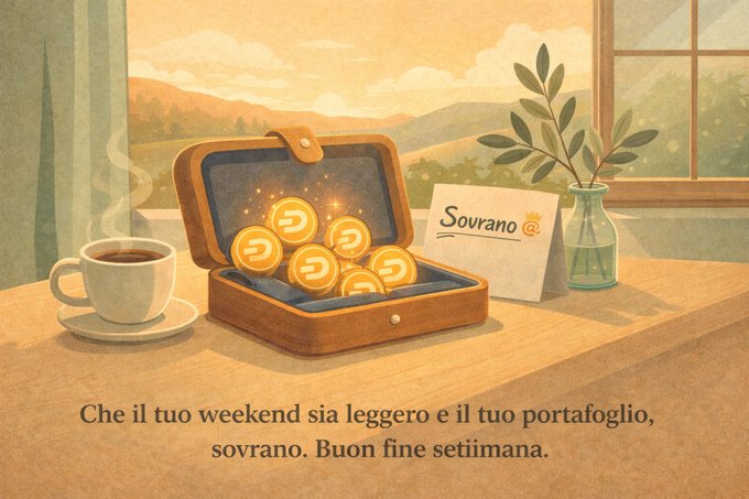 An illustration of an open box filled with golden 'Sovrano' coins on a table next to a cup of coffee and a card, with Italian text reading 'Che il tuo weekend sia leggero e il tuo portafoglio, sovrano. Buon fine settimana.'