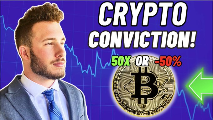 The image features a man wearing a suit, standing against a blue background with a gold Bitcoin symbol above him. The text "Crypto Conviction!" is written below the Bitcoin symbol, indicating that there might be some sort of legal or financial issue related to cryptocurrency.