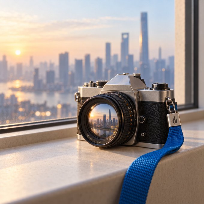A vintage silver-and-black 35mm SLR camera with a blue strap rests on a windowsill, its lens reflecting a city skyline at sunset that mirrors the blurred skyscrapers beyond. The "30mm 1:1.4" marking is visible on the lens, echoing the post's message of refocusing amid life's blurred moments and pressing forward into the new week.