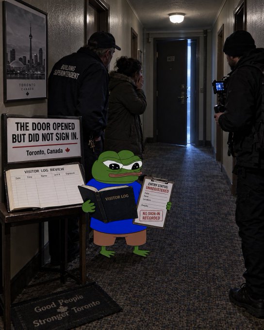 A humorous edited image showing a Pepe the Frog cartoon character acting as a security guard in a building hallway, holding a clipboard labeled "NO SIGN-IN RECORDED" next to a sign stating "THE DOOR OPENED BUT DID NOT SIGN IN. Toronto, Canada".