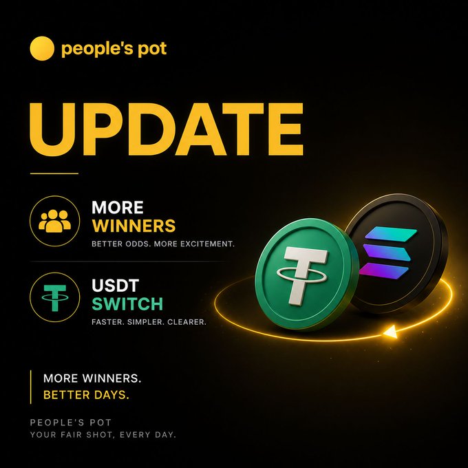 The image features an advertisement showcasing a crypto coin update from Peoples Pot with two coins displayed - Tether and Solana. The text of the post highlights the updated prize distribution, which includes 60% first place, 20% second place, 5% third place, and 5% more winners. Users should use Solana for better odds and a faster user experience. The post also mentions a cashpot reward available to those who refer their friends.