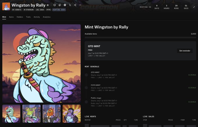 The image shows a minting page for "Wingston by Rally," featuring a cartoonish dragon-like character smoking a cigar, with details indicating a free GTD mint starting July 7 at 5:00 PM GMT+1, limited to one per wallet. The page also lists upcoming mint schedules, including FCFS and public stages, confirming the free mint announcement in the post.