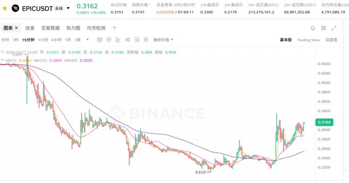 A screenshot of a cryptocurrency trading chart from Binance for the EPIC/USDT trading pair, showing a current price of 0.3162 with a candlestick chart and moving averages.