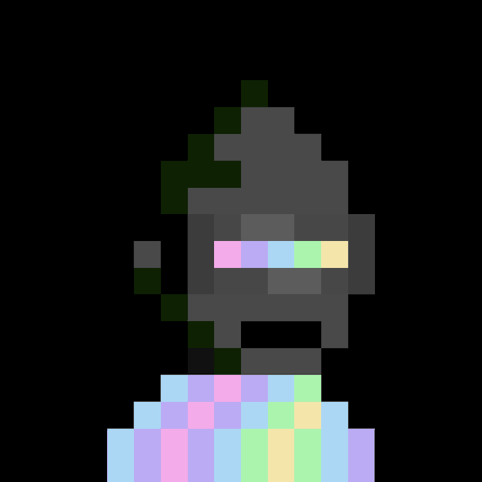A highly pixelated, low-resolution image showing a gray character head and pastel-colored body against a black background.