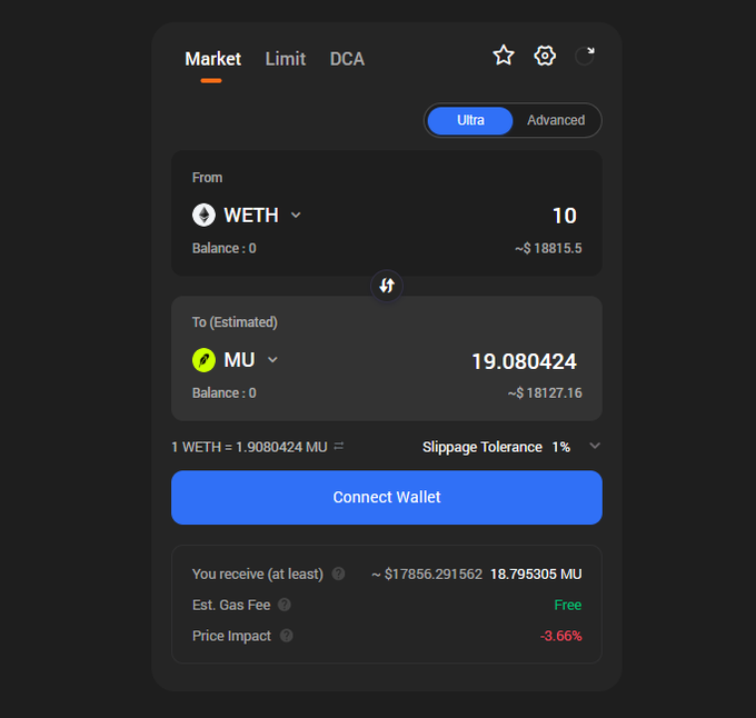 Cryptocurrency swap interface showing a market order to swap 10 WETH (~$18,815.50) for approximately 19.080424 MU tokens (~$18,127.16), with a 1% slippage tolerance and -3.66% price impact.