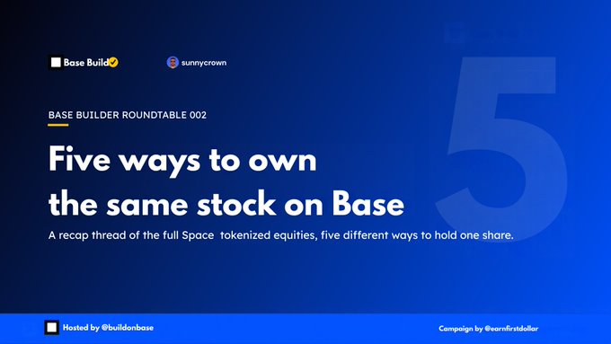 A promotional graphic with blue background reads 'Five ways to own the same stock on Base' as a 'BASE BUILDER ROUNDTABLE 002' hosted by @buildonbase.