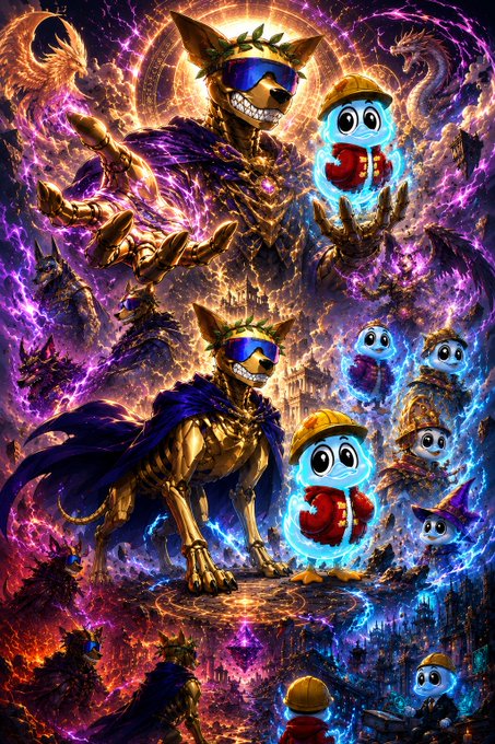 A vibrant, chaotic fantasy artwork featuring golden-armored canine warriors and small blue cartoon characters in a purple, mystical setting.