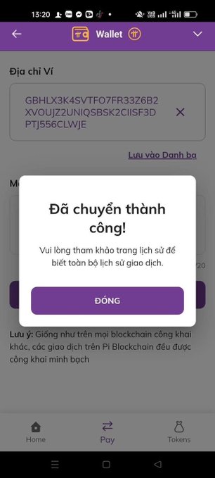 A Pi Wallet app screenshot shows a successful transfer confirmation in Vietnamese ("Đã chuyển thành công!" / "Vui lòng tham khảo trang lịch sử...") for sending Pi cryptocurrency, highlighting the very issue the post raises—users need a Mainnet wallet to actually complete these birthday Pi gift transactions.