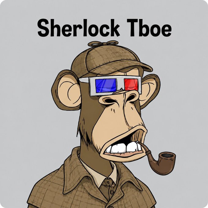 The image features a cartoon monkey wearing glasses and a hat with a tie, holding a pipe and smoking while standing against a gray background. The caption of the image reads "Sherlock Tboe", which could be interpreted as a reference to the famous Sherlock Holmes character or an event named after him. The post also mentions that there is an Ape Event at Beeple Studios in Miami, suggesting that this might be related to a movie or series featuring Sherlock Tboe.