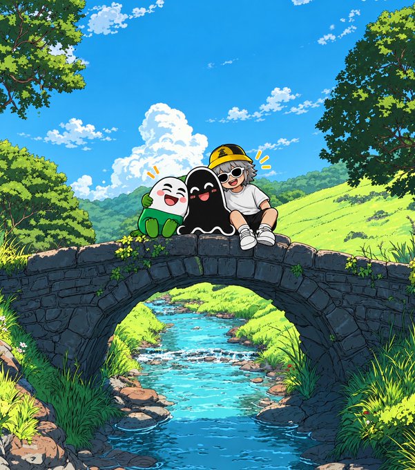 An anime-style illustration depicts a child in a yellow hat sitting on a stone bridge with a white and a black blob-like character, overlooking a clear stream surrounded by green hills.