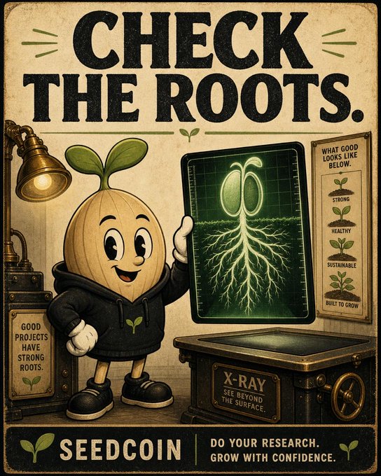 A vintage-style poster featuring a cartoon seed character in a hoodie holding up an X-ray image of roots, with the text 'CHECK THE ROOTS.' and 'SEEDCOIN - DO YOUR RESEARCH. GROW WITH CONFIDENCE.'