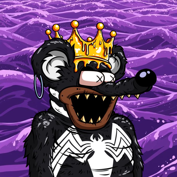 A cartoon illustration of a black and white furry wolf-like creature wearing a dripping gold crown, baring sharp teeth against a purple wavy background.