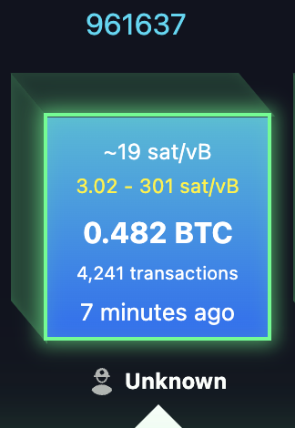A digital display celebrates Bitcoin Purity's first mined block (#961637), showing a 0.482 BTC reward, approximately 19 sat/vB fee, and 4,241 transactions processed 7 minutes ago from an "Unknown" miner.