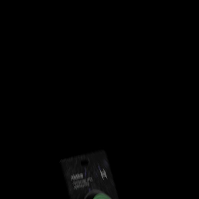 A mostly black image shows a small, blurry rectangular object near the bottom center with text that is not clearly legible.