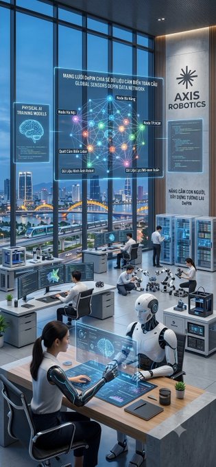 An AI-generated illustration of a futuristic 'AXIS ROBOTICS' research lab with people and humanoid robots working on neural network data visualizations on holographic displays.