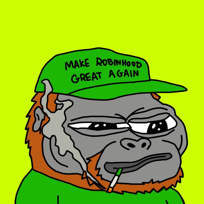 A cartoon gorilla with a smug expression smokes a cigarette and wears a green cap reading "MAKE ROBINHOOD GREAT AGAIN" against a yellow background, referencing the meme coin's rallying call as the post notes only 7 wallets (wls) remain.
