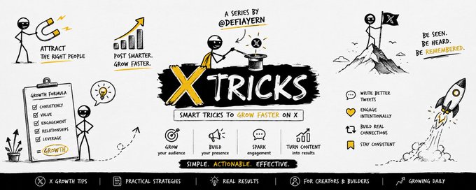A sketch-style infographic titled 'X TRICKS' by @DEFI4YERN detailing strategies to grow on X, including attract, post smarter, growth formula, write better tweets, and engagement tips.
