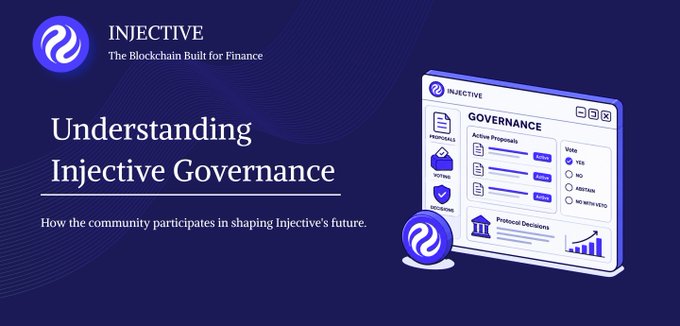 A graphic titled 'Understanding Injective Governance' with the tagline 'How the community participates in shaping Injective's future,' showing an illustration of a governance dashboard.