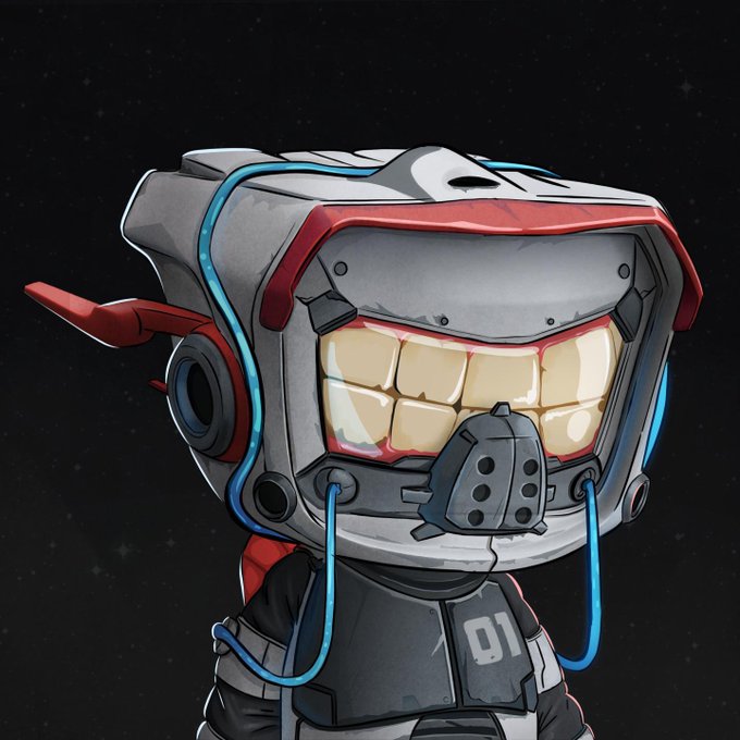 A stylized illustration of a robotic character with a large grinning mouth, red visor, and blue tubes, wearing a suit with the number '01' on it.