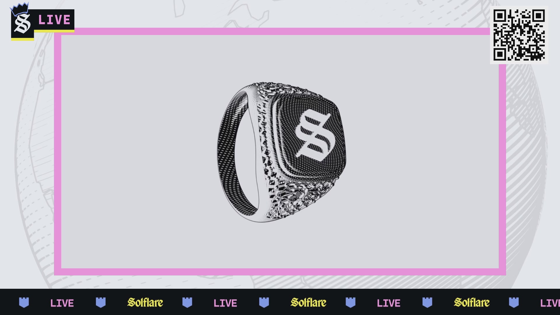 The image features a ring with the letters "S" on it, placed within a pink frame against a white background. The text "Live" is displayed at the top of the image, while the words "HHC" are written below the ring in black. Below this, there's a caption that reads: "HHC ( @Hardhat Chad ) is speaking now on Solflare Live Talking: - ORE Quantum-Safe smart wallet - Recent ORE stake program freeze - Steps toward solidifying ORE as future-proof electronic cash". The image also includes a QR code at the bottom, which could be used to access additional information or interact with the post.