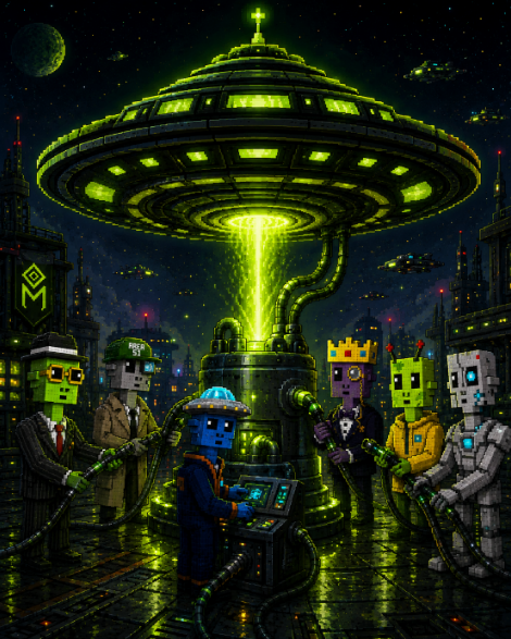 A group of pixelated characters, including a suited figure with "MM" sunglasses, a robot, a knight, and a crowned alien, stand beneath a glowing green UFO, fueling it via hoses connected to a control panel as a massive spaceship hovers above a futuristic cityscape. The scene visually echoes the post's narrative of "fueling the Mothership" ahead of the $MOTHERSIP launch, depicting the dedicated crew preparing the vessel for takeoff.