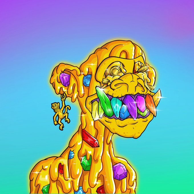 A golden statue with rainbow gemstone teeth drips gold while holding a small monkey charm. The image relates to the post by showing a shiny gold collectible NFT being raffled away to PrimalsNFT minters.