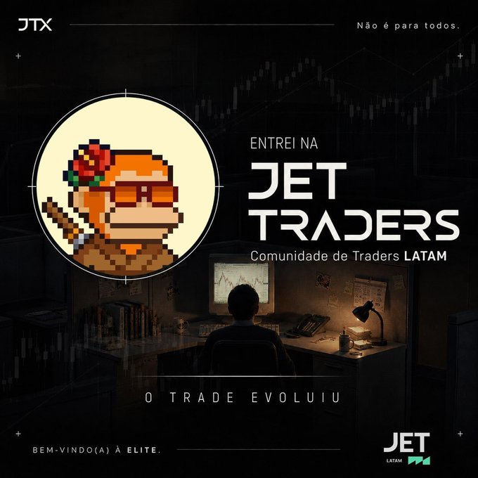 A promotional graphic for JET Traders featuring a pixel-art monkey character wearing sunglasses and a flower, alongside text reading "ENTREI NA JET TRADERS - Comunidade de Traders LATAM" with the tagline "Não é para todos," celebrating the creator's new membership in the @JETLATAM trading community ahead of the JTX launch on July 14.