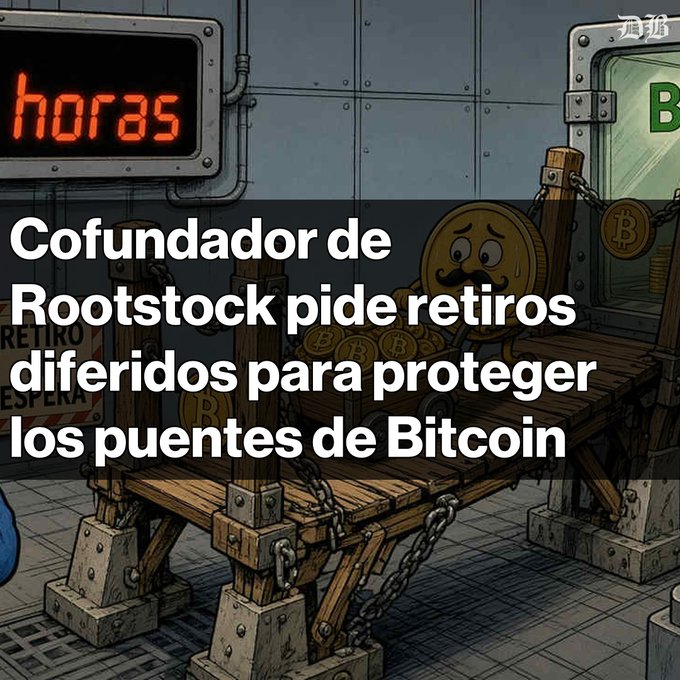 A Spanish-language headline reads 'Cofundador de Rootstock pide retiros diferidos para proteger los puentes de Bitcoin,' overlaid on a cartoon image of a Bitcoin character tied up with chains.