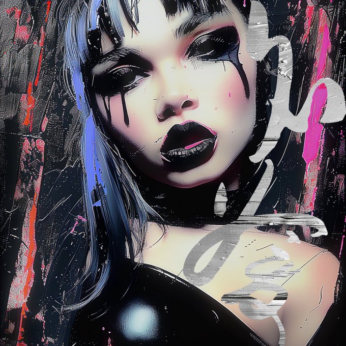 A stylized digital illustration of a woman with dark eye makeup, black lipstick, and dripping black tears against a dark background with pink and red accents.