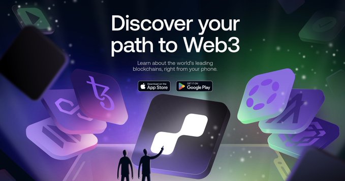 A promotional banner reading 'Discover your path to Web3' with App Store and Google Play download buttons, set against a colorful background of floating app icons.