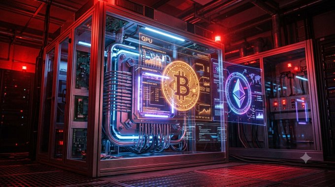 A futuristic server room displaying glowing holographic screens with Bitcoin and Ethereum cryptocurrency logos illuminated in red and blue neon lights.