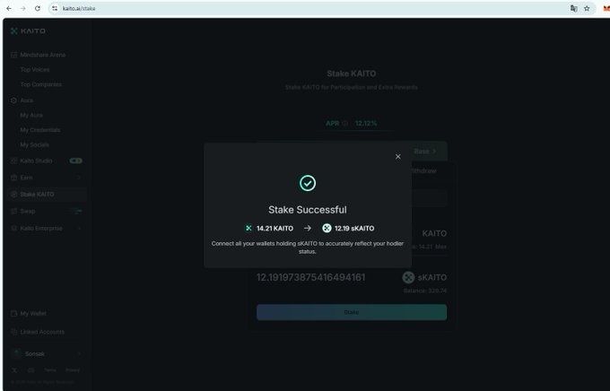A screenshot of the Kaito platform showing a 'Stake Successful' confirmation popup for staking 14.21 sKAITO to receive 12.19 skKAITO tokens.