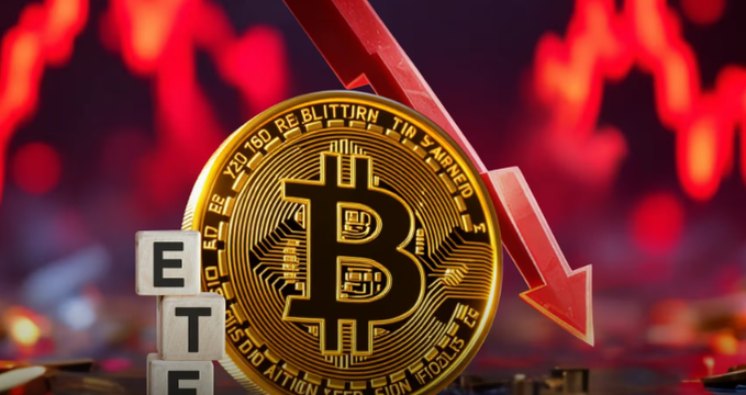A Bitcoin ETF coin sits next to stacked "ETF" letter blocks with a red downward arrow, set against a swirling dark background with golden light—visually conveying the post's theme of net outflows and a shift in capital away from Bitcoin toward altcoins during Week 33 of 2026.