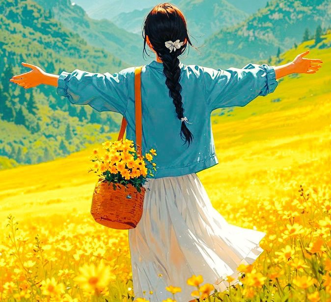 A woman with a long dark braid, wearing a blue jacket and white skirt, stands with her arms outstretched in a vibrant yellow flower field, carrying a basket of yellow blooms with mountains in the background.